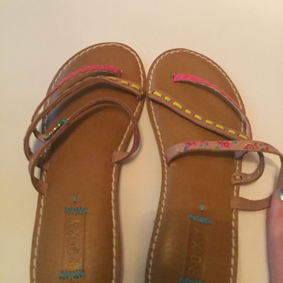 Kids Pink Neon Green Floral Straps Roxy Sandals - Picture 2 of 3